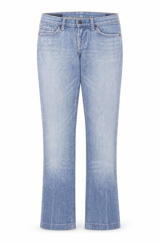 Front view of Jerome Dahan women’s blue cotton bootcut jeans, size UK 28, in, 27-inch leg regular zip