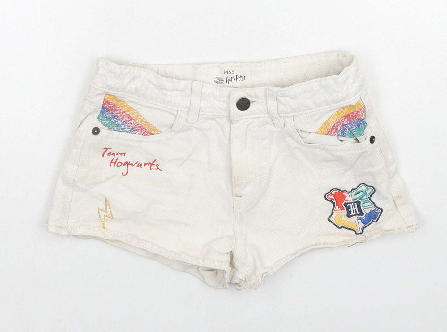Marks and Spencer Girls White Cotton Hot Pants Shorts Size 9-10 Years Regular Zip - Harry Potter
