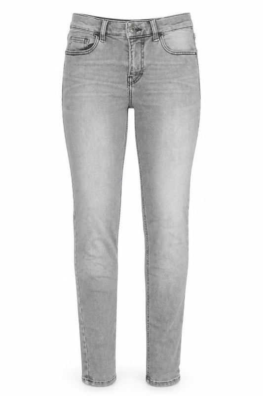Front view of Topshop women’s grey cotton skinny jeans, size UK 26, 32-inch leg regular zip