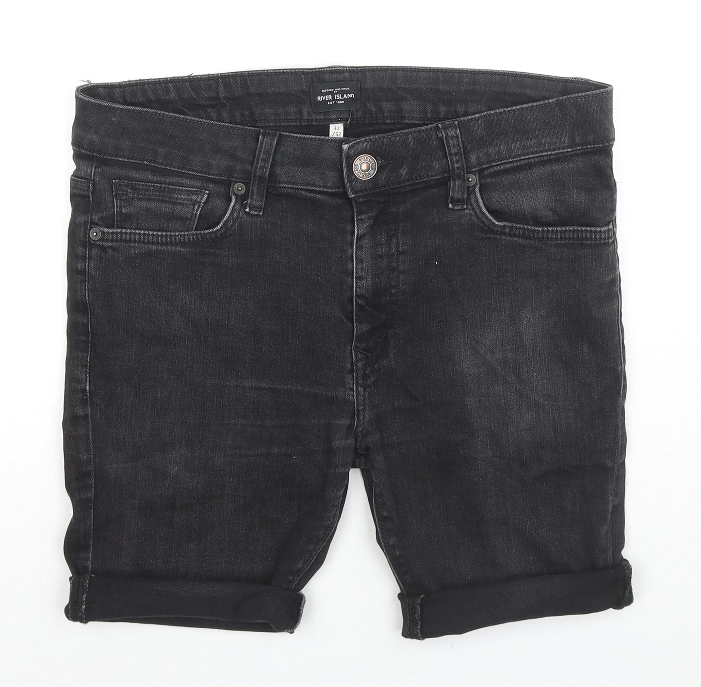 River Island Mens Black Cotton Bermuda Shorts Size 32 in L7 in Regular Zip - Customized Shorts