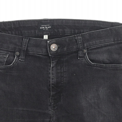 River Island Mens Black Cotton Bermuda Shorts Size 32 in L7 in Regular Zip - Customized Shorts