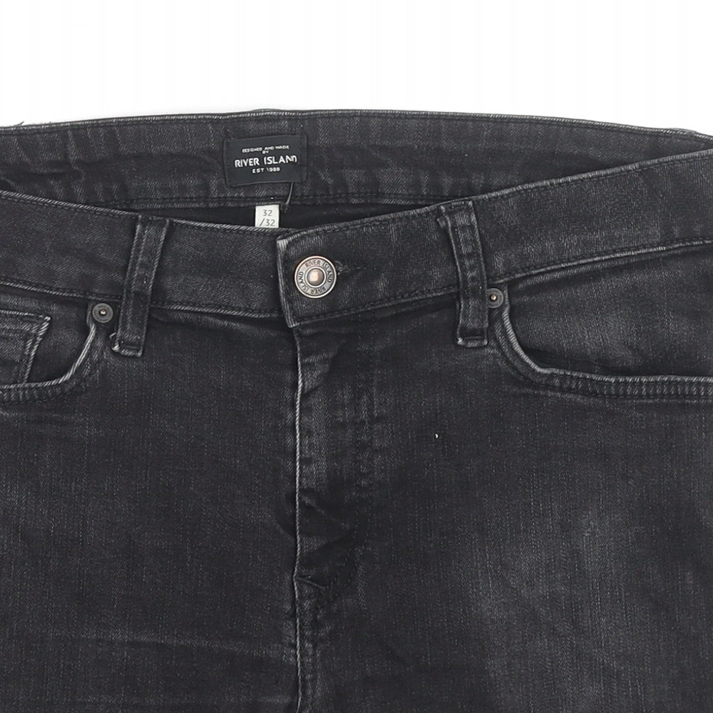 River Island Mens Black Cotton Bermuda Shorts Size 32 in L7 in Regular Zip - Customized Shorts