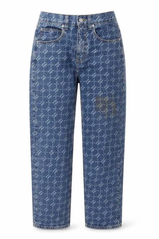 Front view of BDG women’s blue geometric cotton boyfriend jeans, size UK 27, in, 31-inch leg regular zip