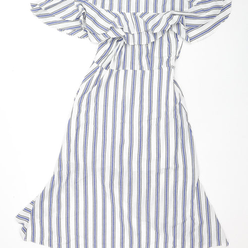 River Island Womens White Striped Cotton Fit & Flare Size 10 V-Neck Pullover