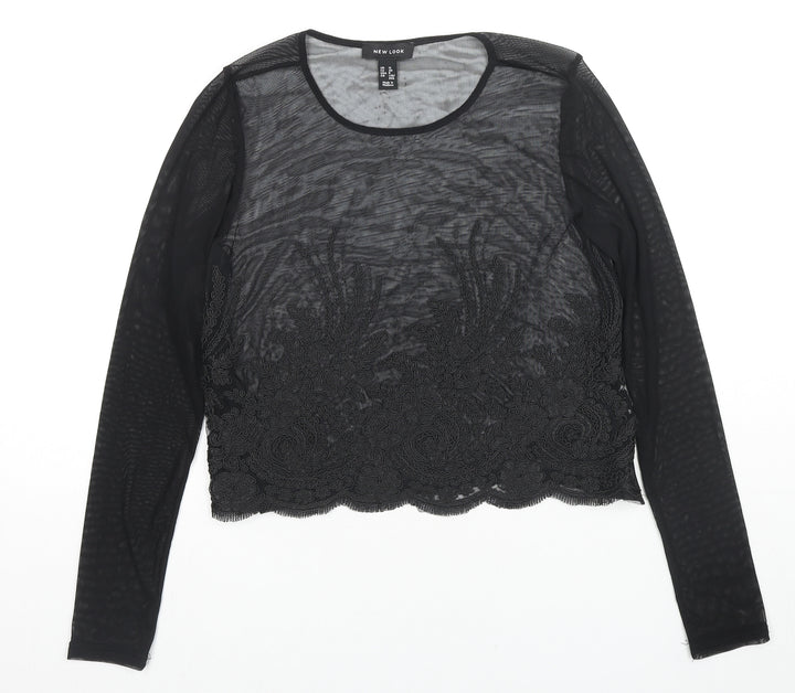 New Look Womens Black Geometric Polyester Basic Blouse Size 12 Round Neck