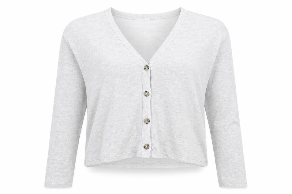 Front view of H&M women’s grey v-neck polyester cardigan jumper, size M