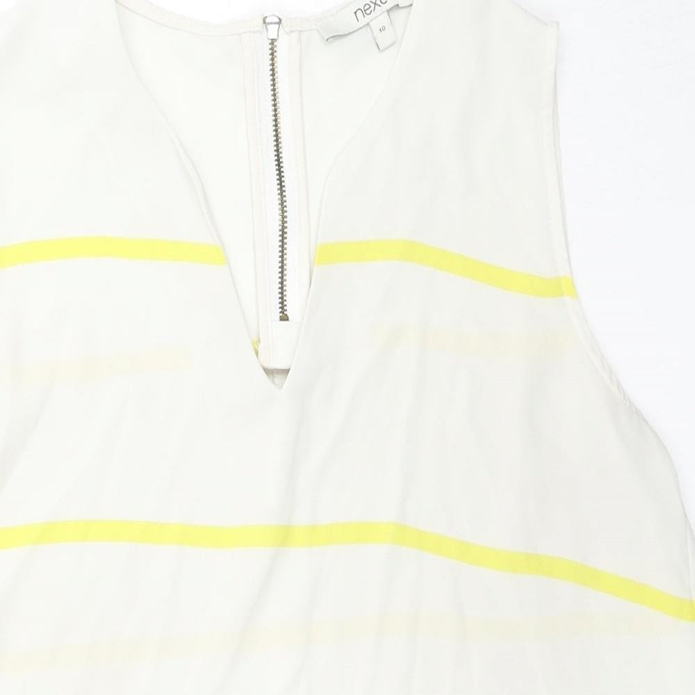 NEXT Womens Ivory Striped Polyester Basic T-Shirt Size 10 V-Neck