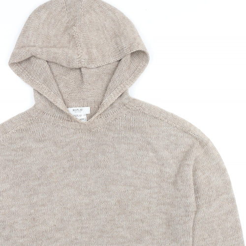 Replay Mens Beige Acrylic Pullover Hoodie Size M