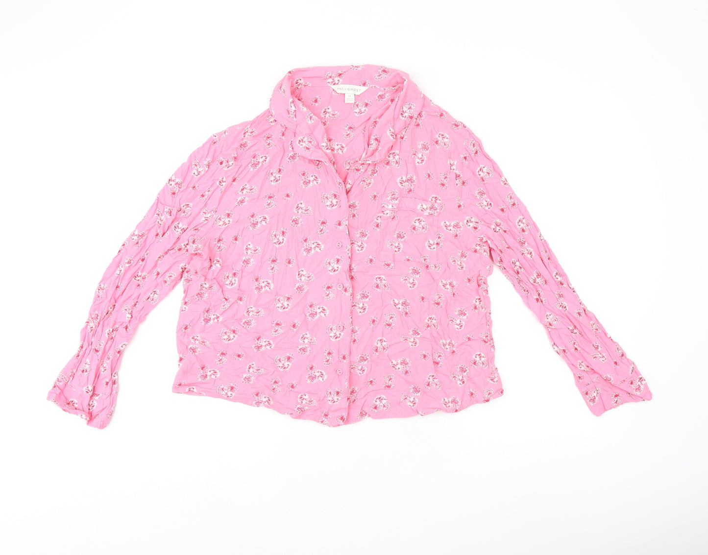 Marks and Spencer Womens Pink Floral Viscose Jersey Button-Up Size 14 Collared - Ghost