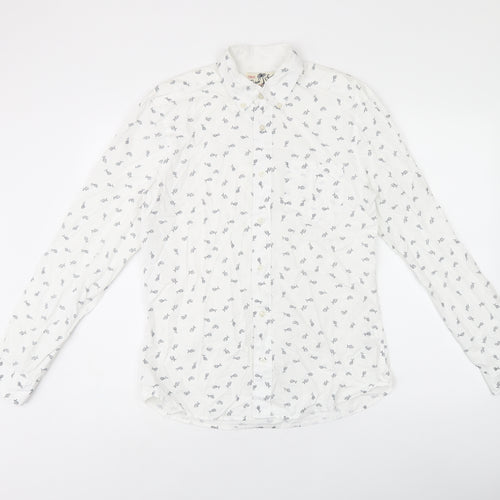 NEXT Mens White Geometric Cotton Button-Up Size S Collared Button - Fish print