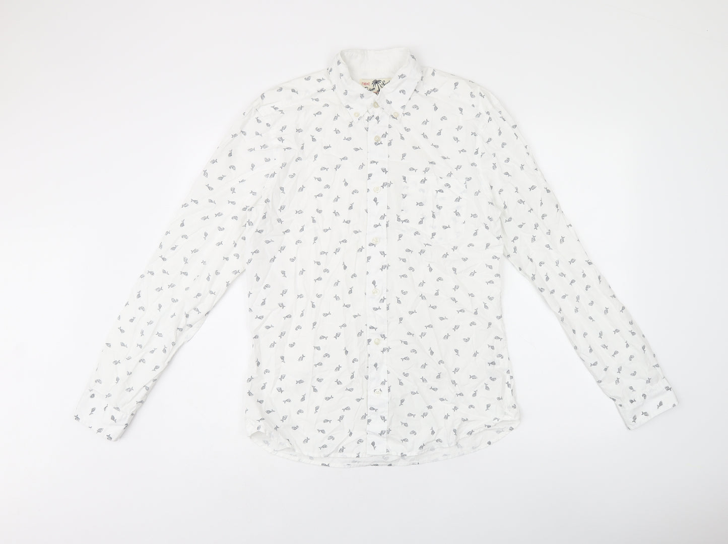 NEXT Mens White Geometric Cotton Button-Up Size S Collared Button - Fish print