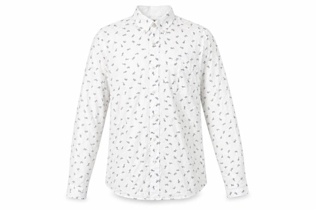 Front view of Next men’s white geometric cotton button-up, size S, collared button - fish print