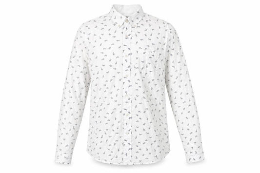 Front view of Next men’s white geometric cotton button-up, size S, collared button - fish print