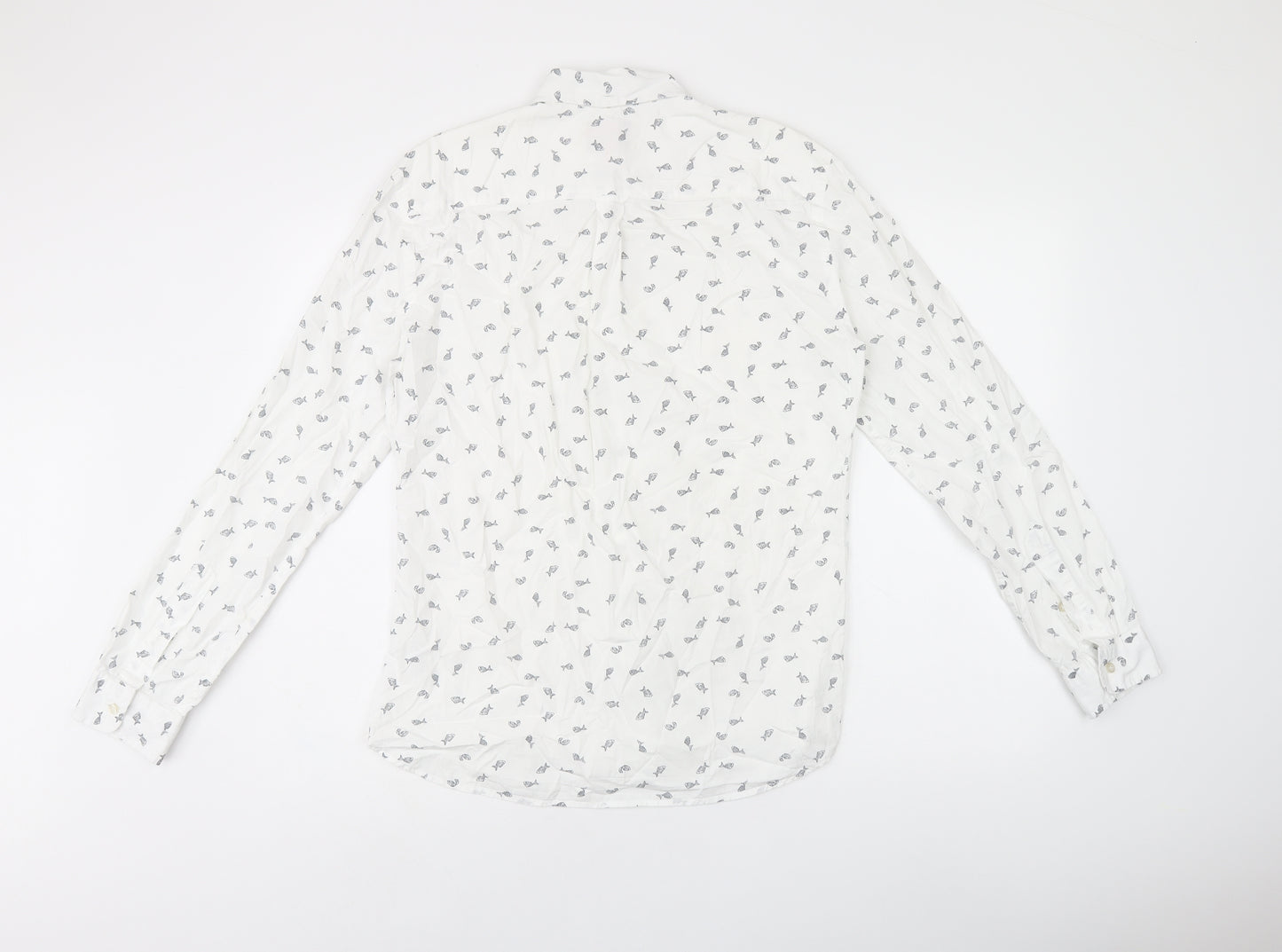 NEXT Mens White Geometric Cotton Button-Up Size S Collared Button - Fish print