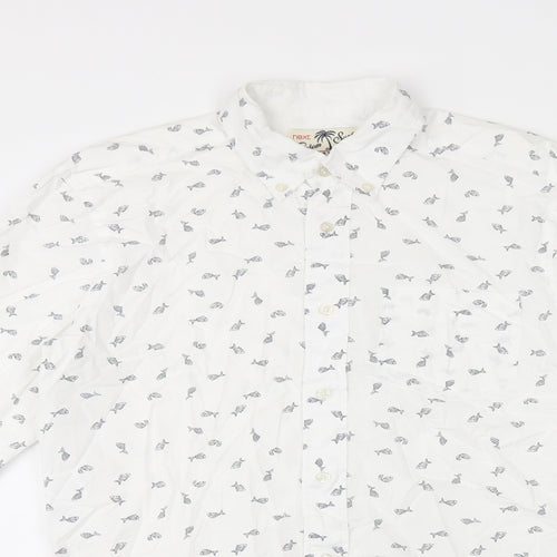 NEXT Mens White Geometric Cotton Button-Up Size S Collared Button - Fish print
