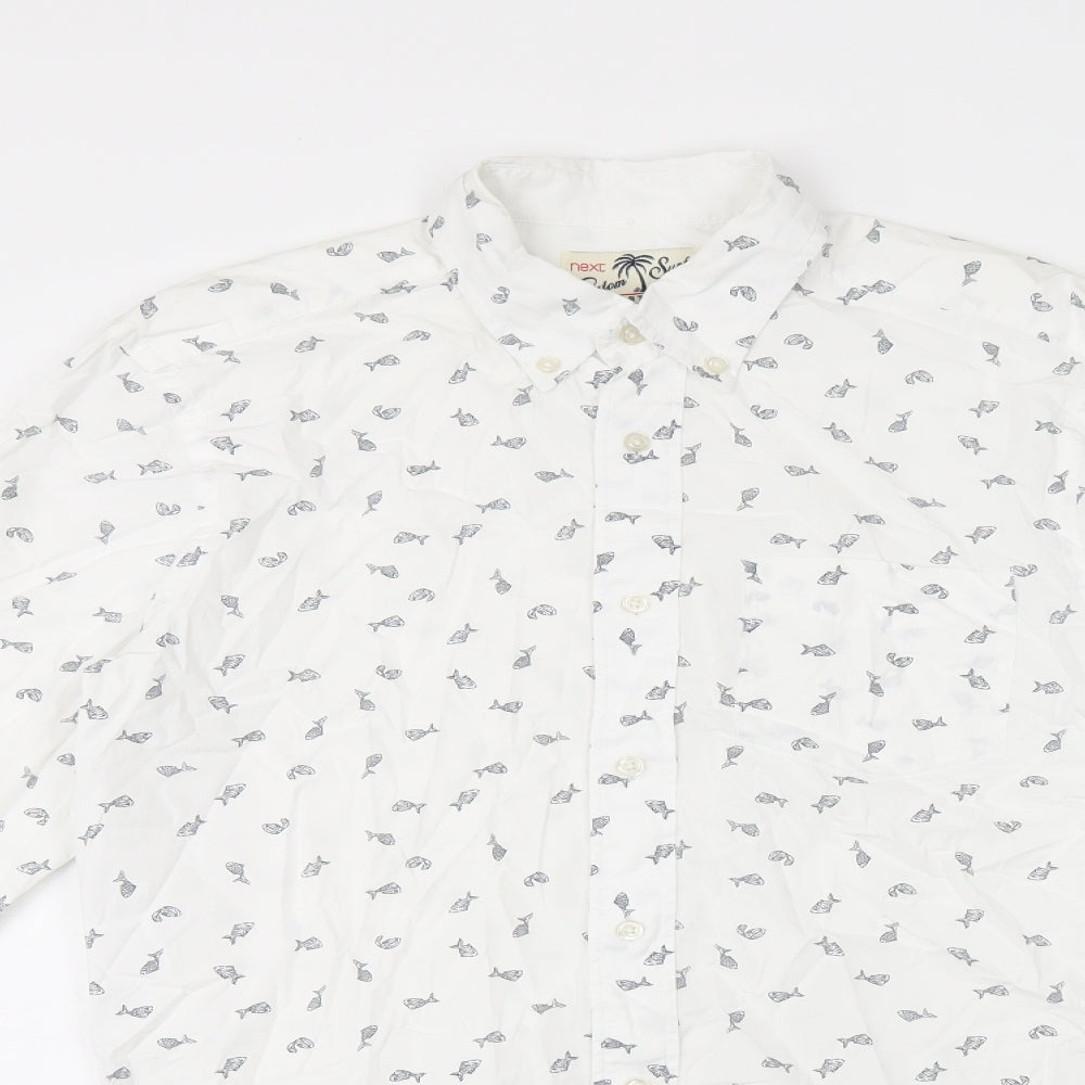 NEXT Mens White Geometric Cotton Button-Up Size S Collared Button - Fish print