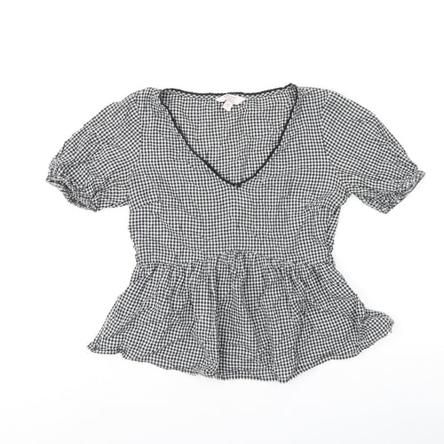 Miss Selfridge Womens Grey Geometric Viscose Jersey T-Shirt Size 10 V-Neck - Gingham pattern