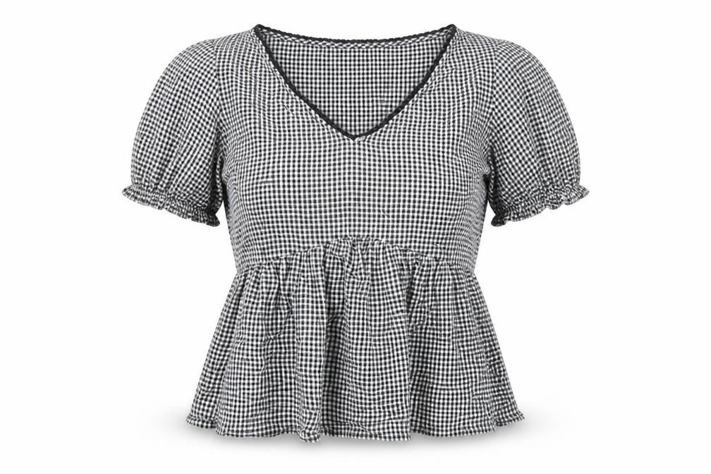 Miss Selfridge Womens Grey Geometric Viscose Jersey T-Shirt Size 10 V-Neck - Gingham pattern