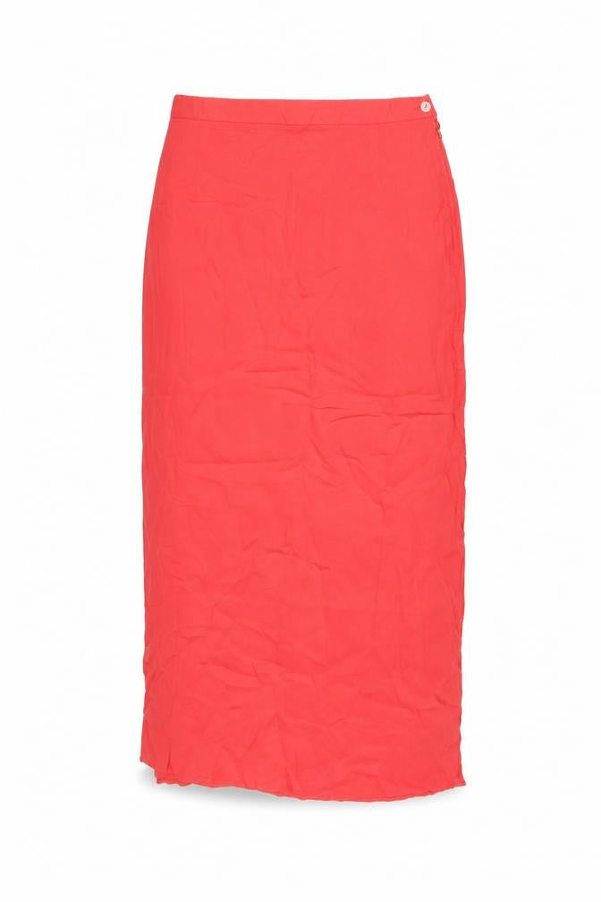 Front view of Wallis women’s red viscose swing skirt, size UK 14, zip - split hem