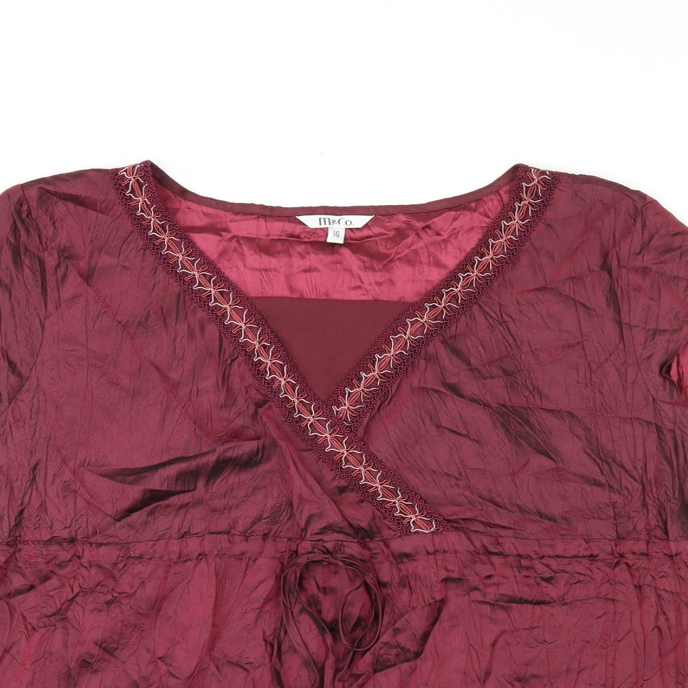 M&Co Womens Red Acetate Basic T-Shirt Size 16 V-Neck