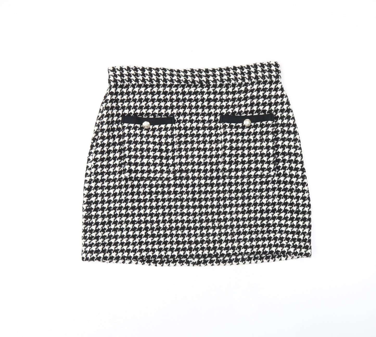 Marks and Spencer Womens Black Geometric Acrylic A-Line Skirt Size 16 Zip - Houndstooth