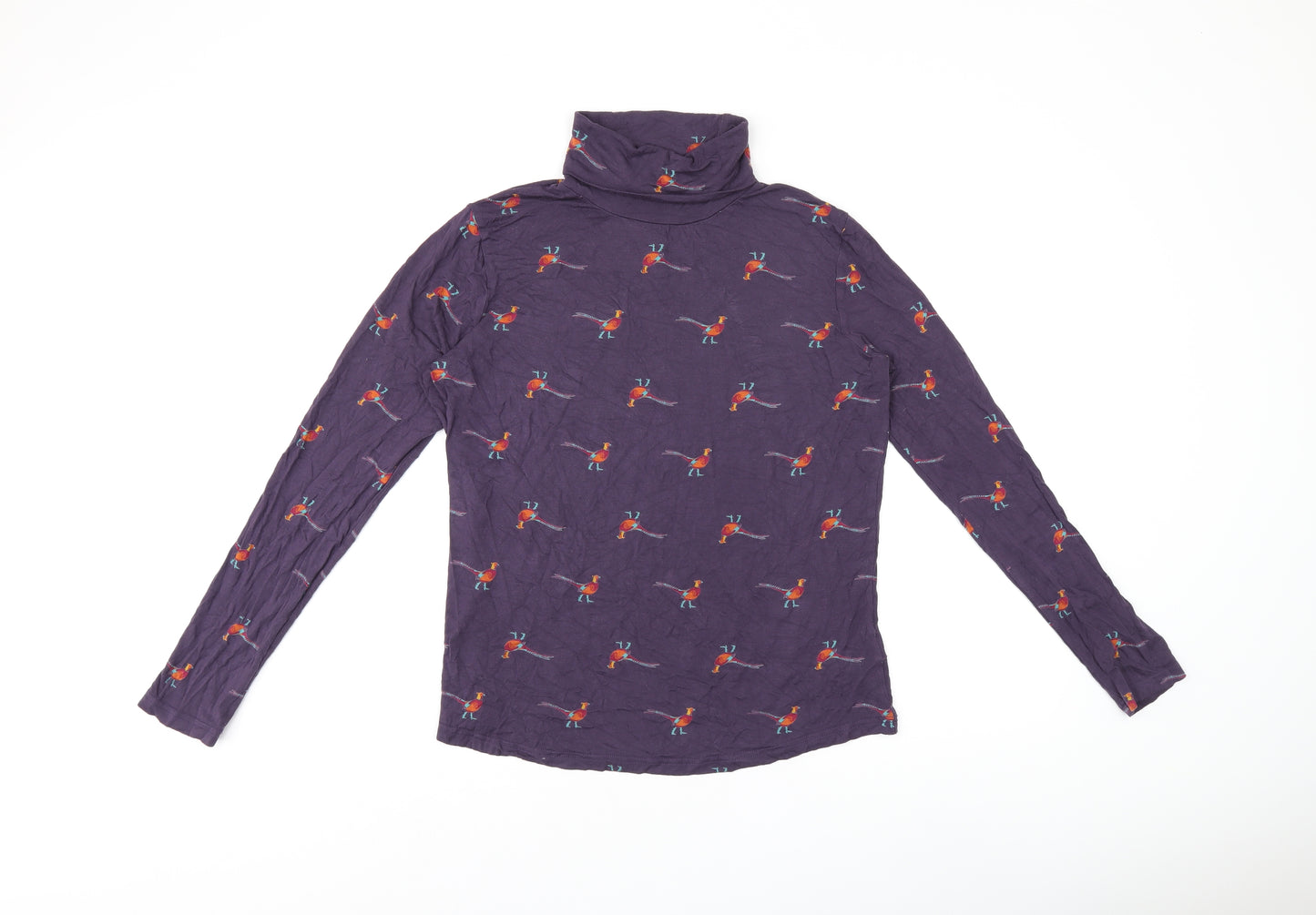 Joules Womens Purple Geometric Viscose Jersey T-Shirt Size 16 High Neck - Bird print