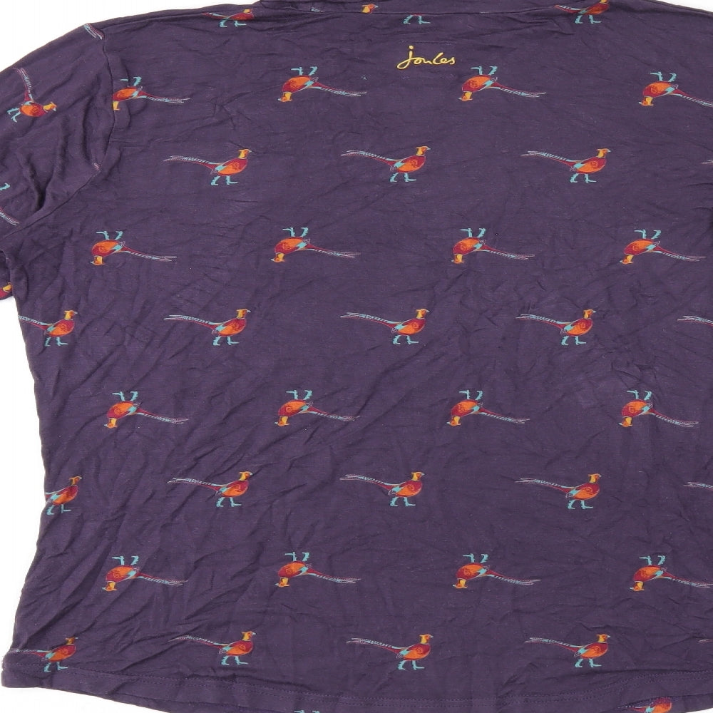 Joules Womens Purple Geometric Viscose Jersey T-Shirt Size 16 High Neck - Bird print