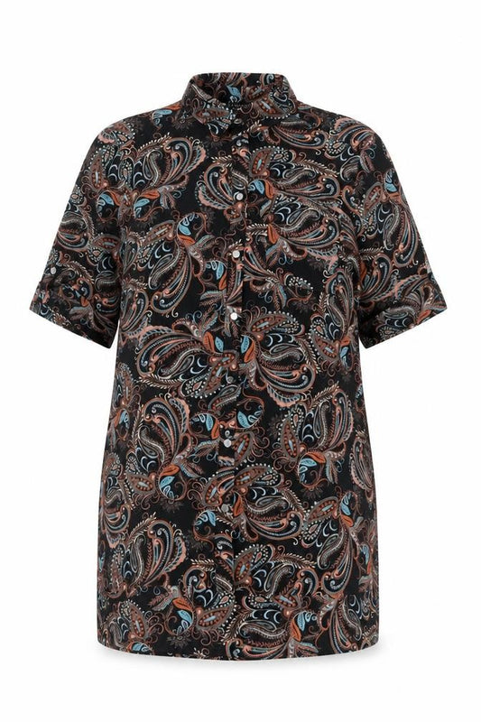 Front view of Definitions women’s black paisley polyester basic button-up, size UK 14, collared