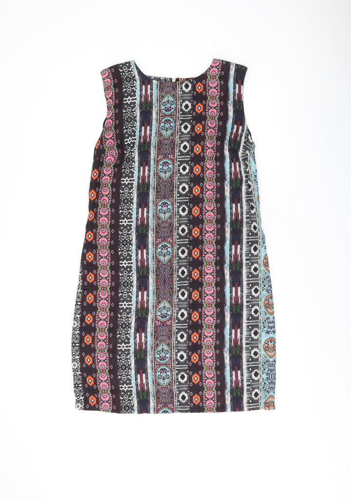 Warehouse Womens Brown Floral Polyester Shift Size 10 Boat Neck Zip