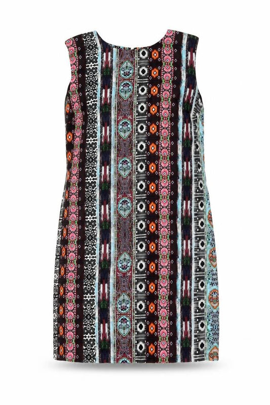 Front view of Warehouse women’s brown floral polyester shift, size UK 10, boat neck zip