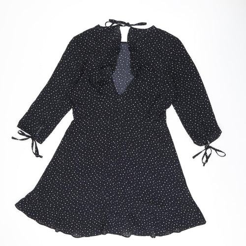 Topshop Womens Black Geometric Polyester Skater Dress Size 12 Boat Neck Zip - Star print