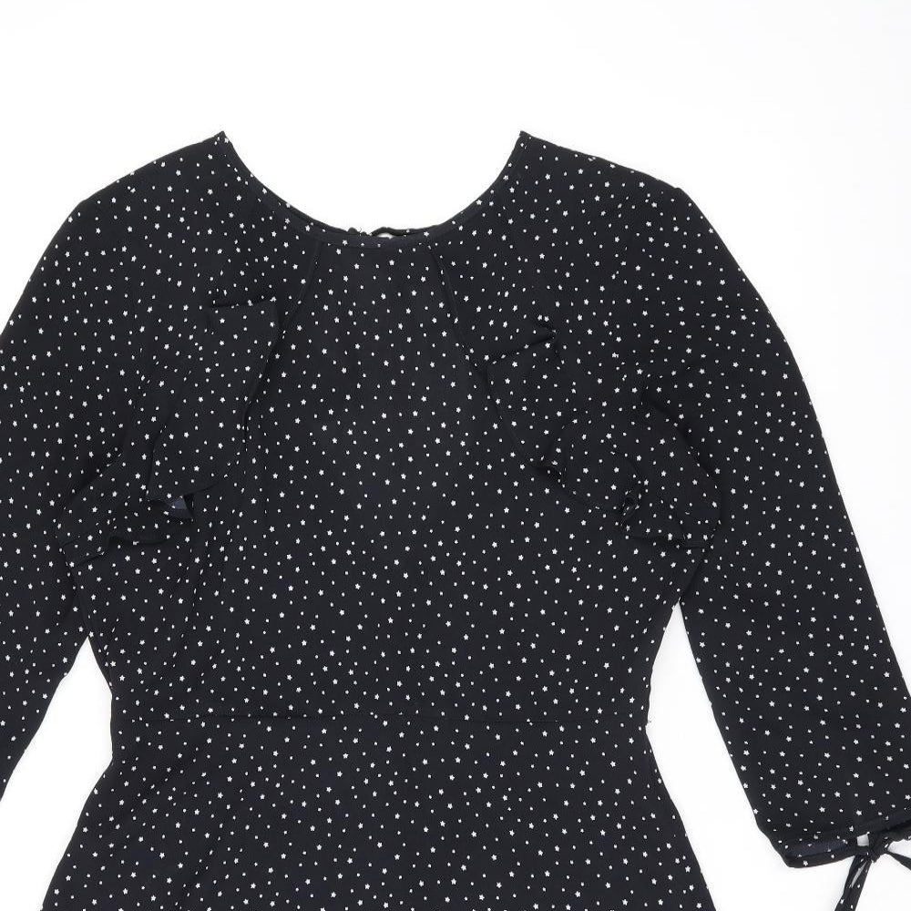 Topshop Womens Black Geometric Polyester Skater Dress Size 12 Boat Neck Zip - Star print