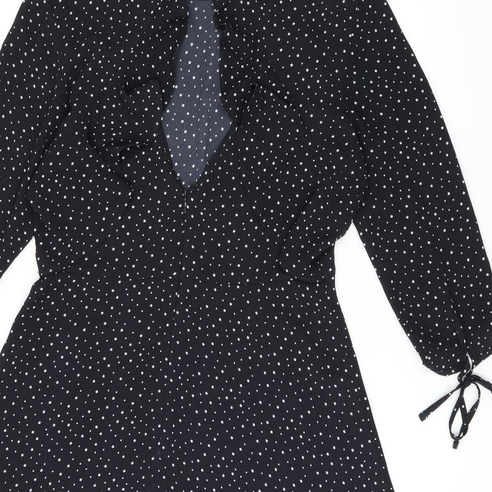 Topshop Womens Black Geometric Polyester Skater Dress Size 12 Boat Neck Zip - Star print