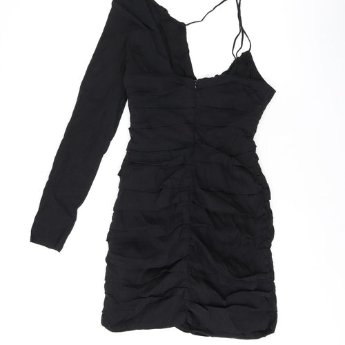 Zara Womens Black Linen Bodycon Size L One Shoulder Zip