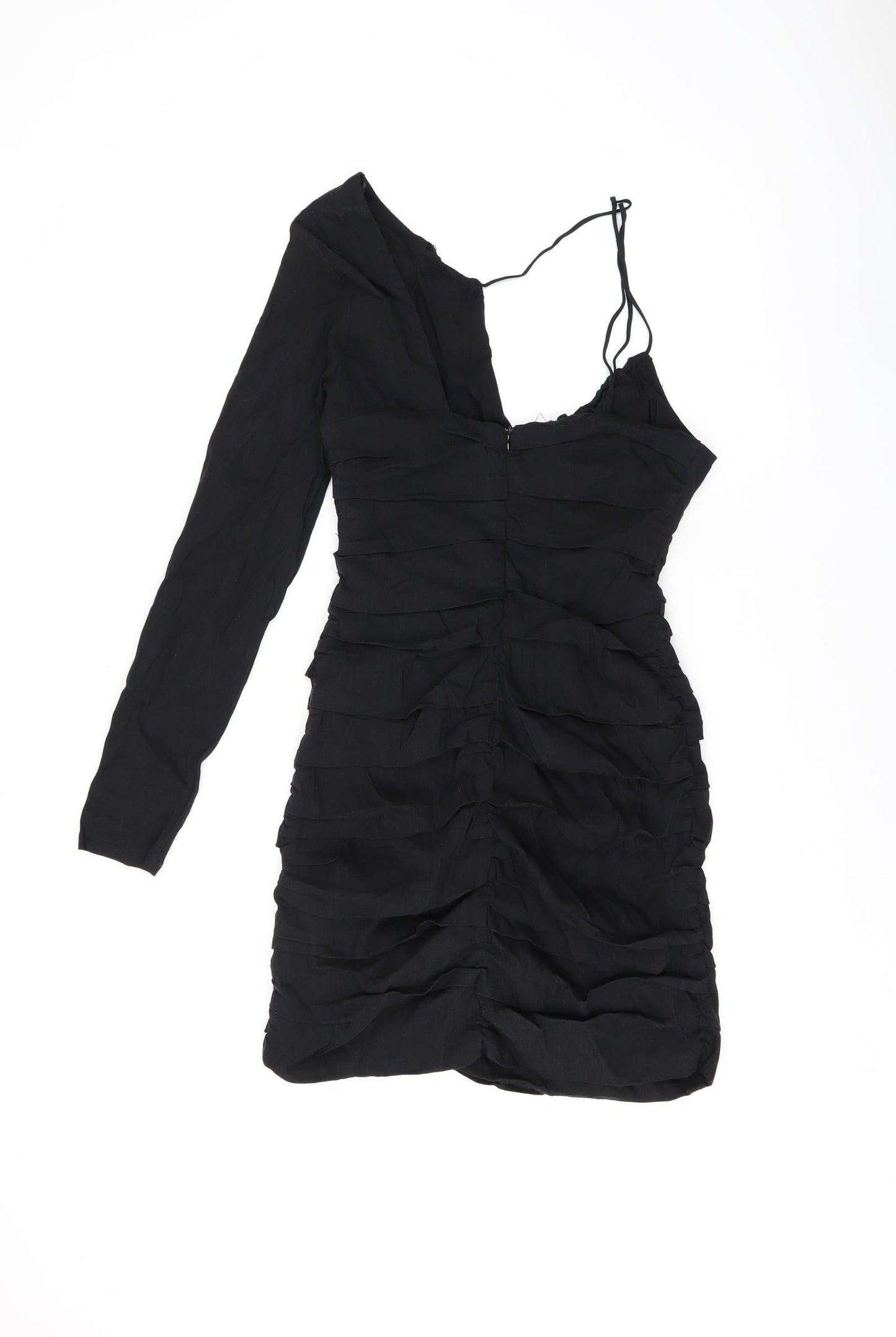 Zara Womens Black Linen Bodycon Size L One Shoulder Zip