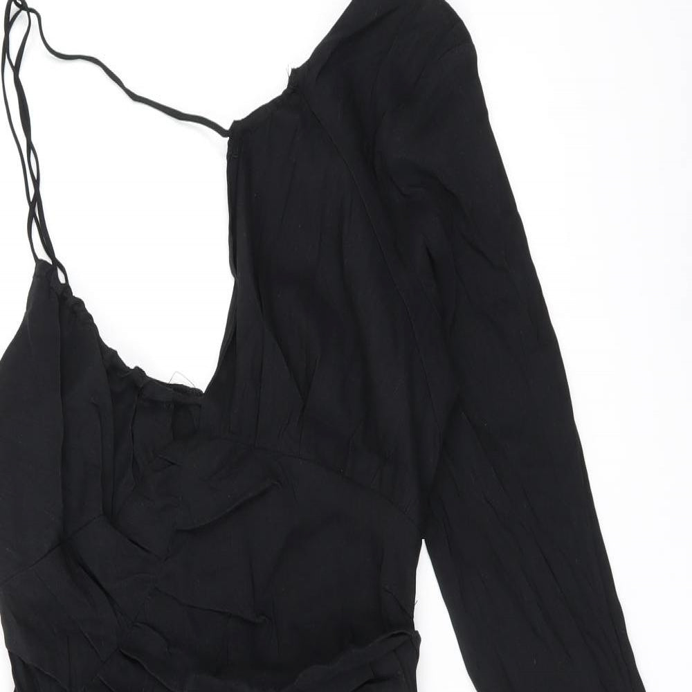 Zara Womens Black Linen Bodycon Size L One Shoulder Zip