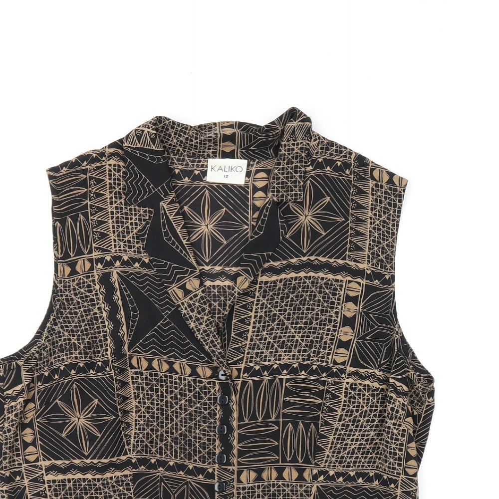 Kaliko Womens Black Geometric Silk Basic Button-Up Size 12 Collared