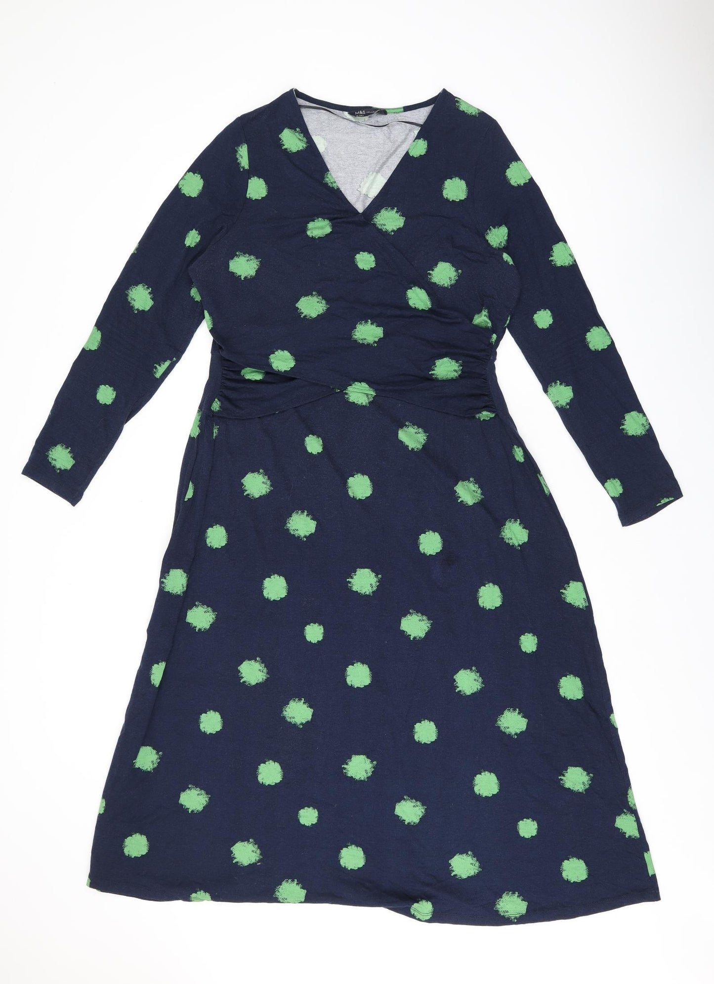 Marks and Spencer Womens Blue Polka Dot Viscose A-Line Size 16 V-Neck Pullover