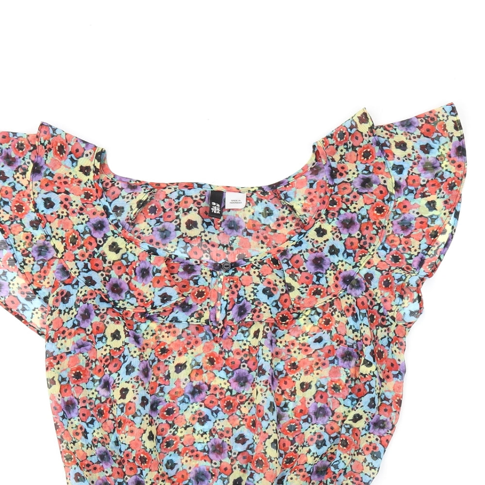 H&M Womens Multicoloured Floral Polyester Basic Blouse Size 4 Scoop Neck
