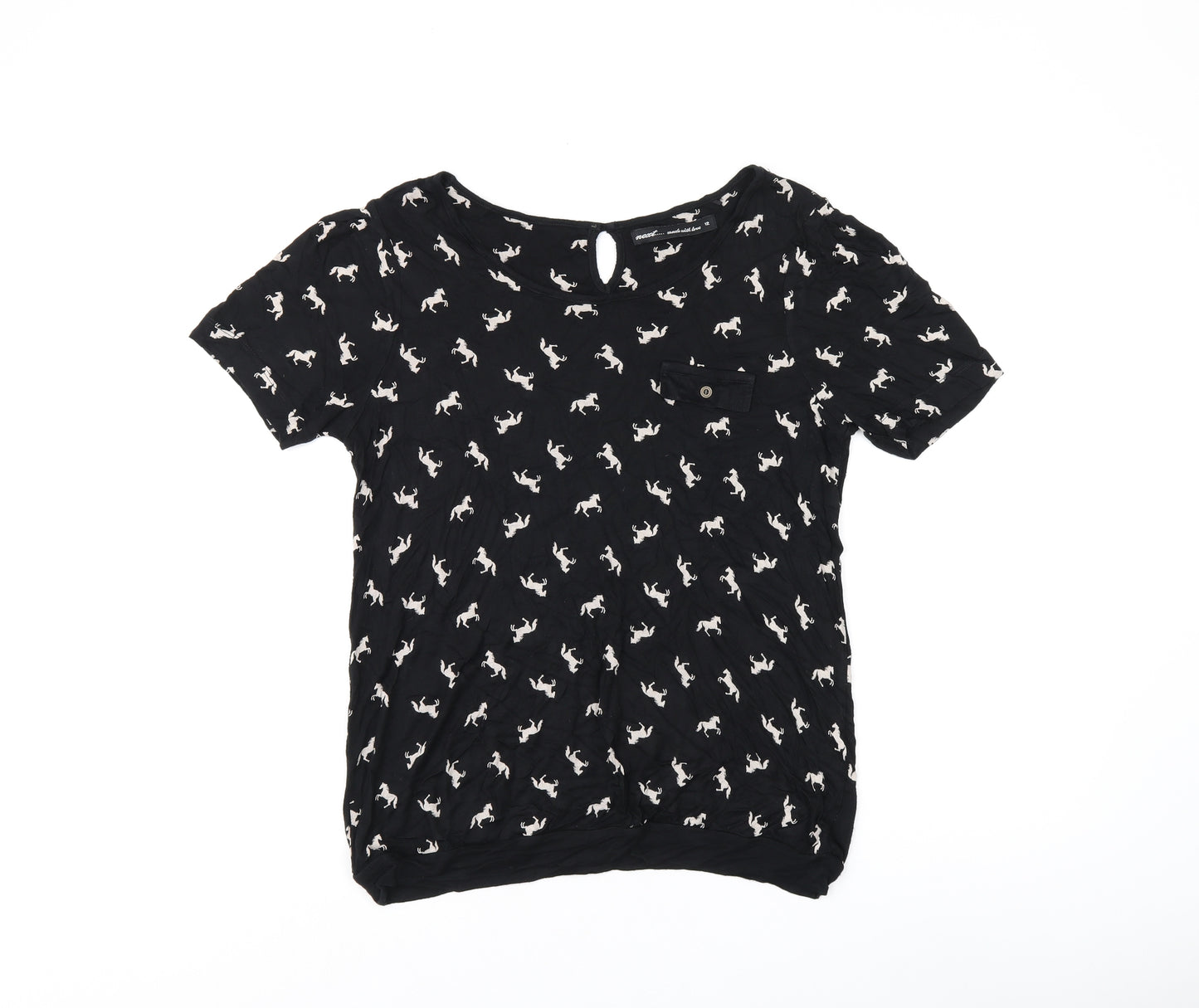 NEXT Womens Black Geometric Viscose Jersey T-Shirt Size 12 Boat Neck - Horse print