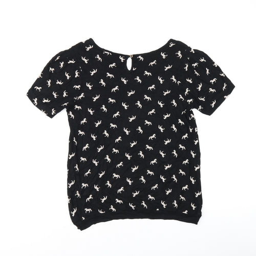 NEXT Womens Black Geometric Viscose Jersey T-Shirt Size 12 Boat Neck - Horse print