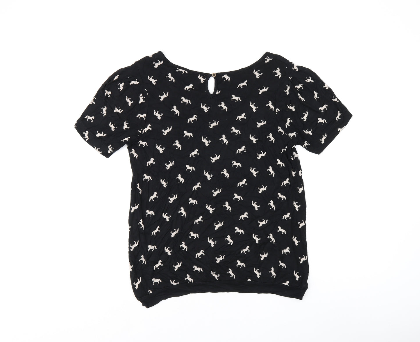 NEXT Womens Black Geometric Viscose Jersey T-Shirt Size 12 Boat Neck - Horse print