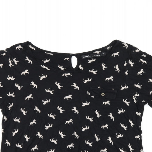 NEXT Womens Black Geometric Viscose Jersey T-Shirt Size 12 Boat Neck - Horse print