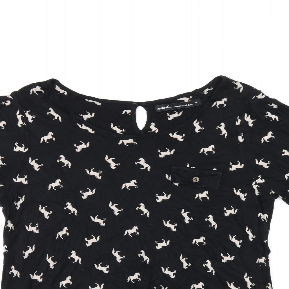 NEXT Womens Black Geometric Viscose Jersey T-Shirt Size 12 Boat Neck - Horse print