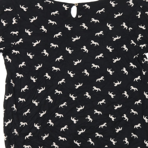 NEXT Womens Black Geometric Viscose Jersey T-Shirt Size 12 Boat Neck - Horse print