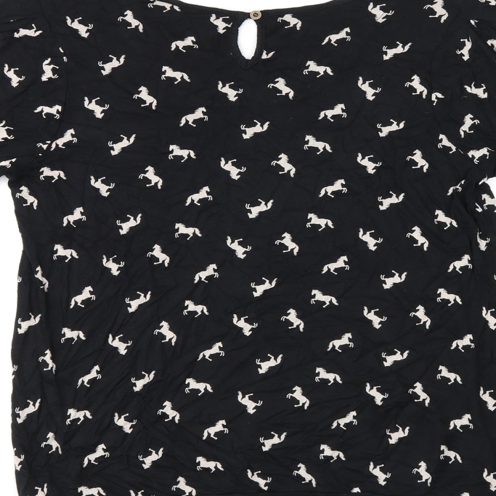 NEXT Womens Black Geometric Viscose Jersey T-Shirt Size 12 Boat Neck - Horse print