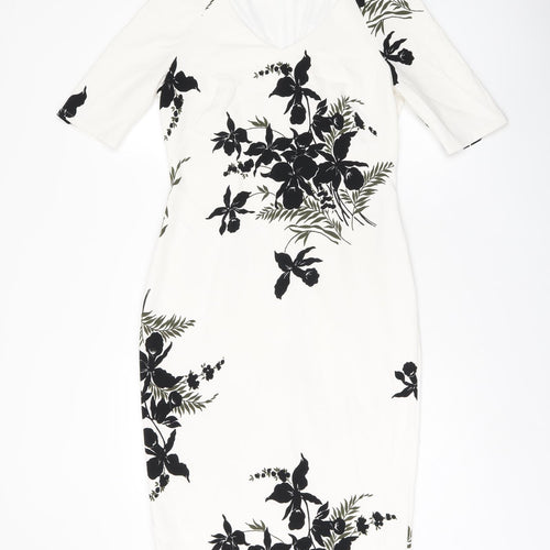 Marks and Spencer Womens White Floral Polyester Pencil Dress Size 10 V-Neck Zip