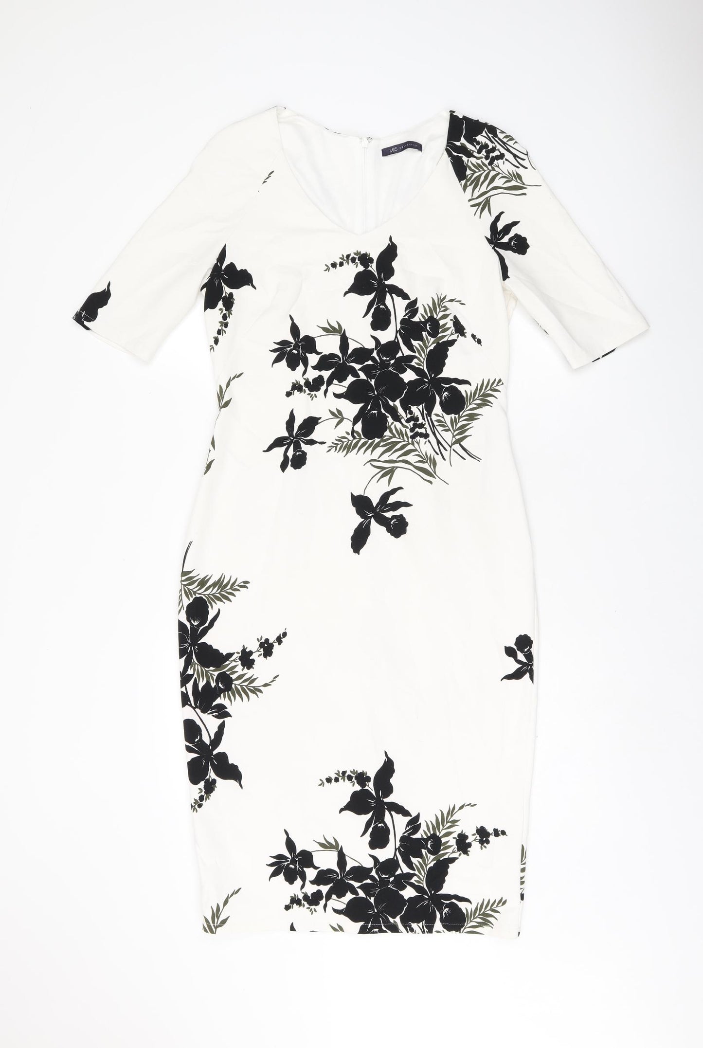 Marks and Spencer Womens White Floral Polyester Pencil Dress Size 10 V-Neck Zip