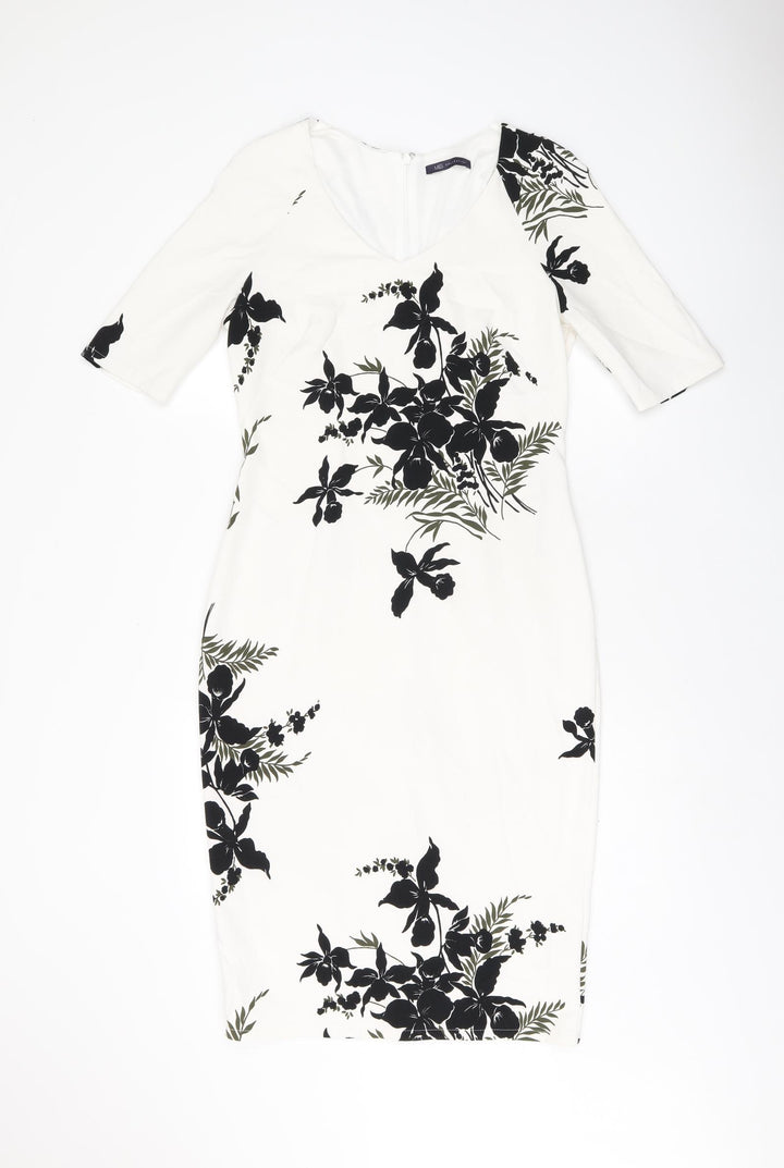 Marks and Spencer Womens White Floral Polyester Pencil Dress Size 10 V-Neck Zip
