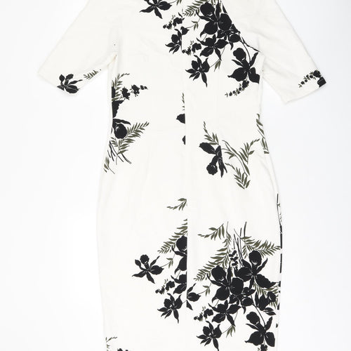 Marks and Spencer Womens White Floral Polyester Pencil Dress Size 10 V-Neck Zip